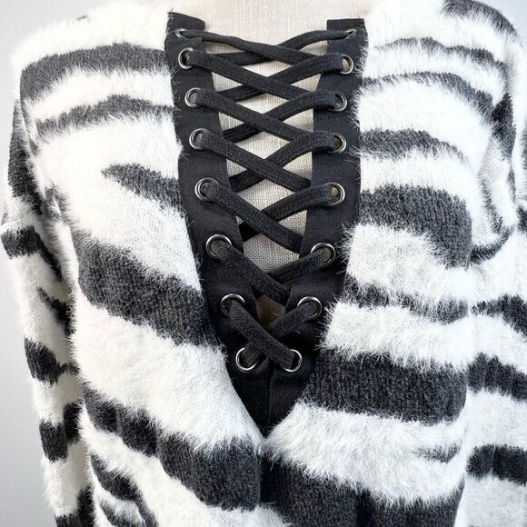 Y2K Express Fuzzy Zebra Animal Print Lace Up Sweater XS - Picture 3 of 11